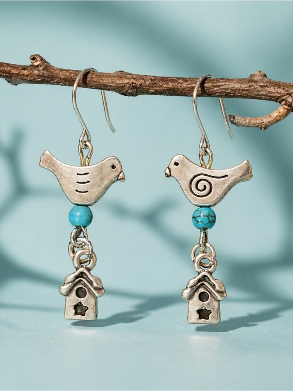 Birdhouse Dangle Earrings Turquoise Boho Nature Charm Cute Gift